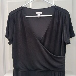 Chicos Faux Wrap Short Sleeve Dress Surplice Knee Acetate Slinky Black Womens L